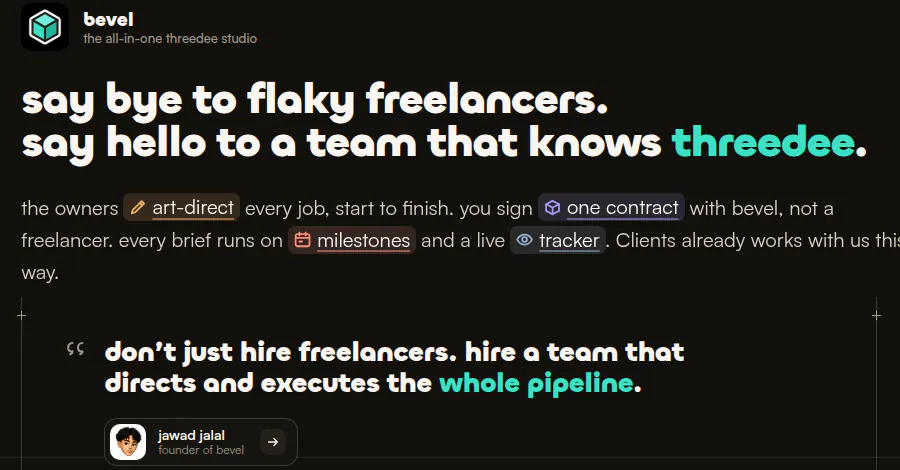 The studio panel: “say bye to flaky freelancers. say hello to a team that knows threedee.” with the owners art-directing, one contract, milestones and a live tracker