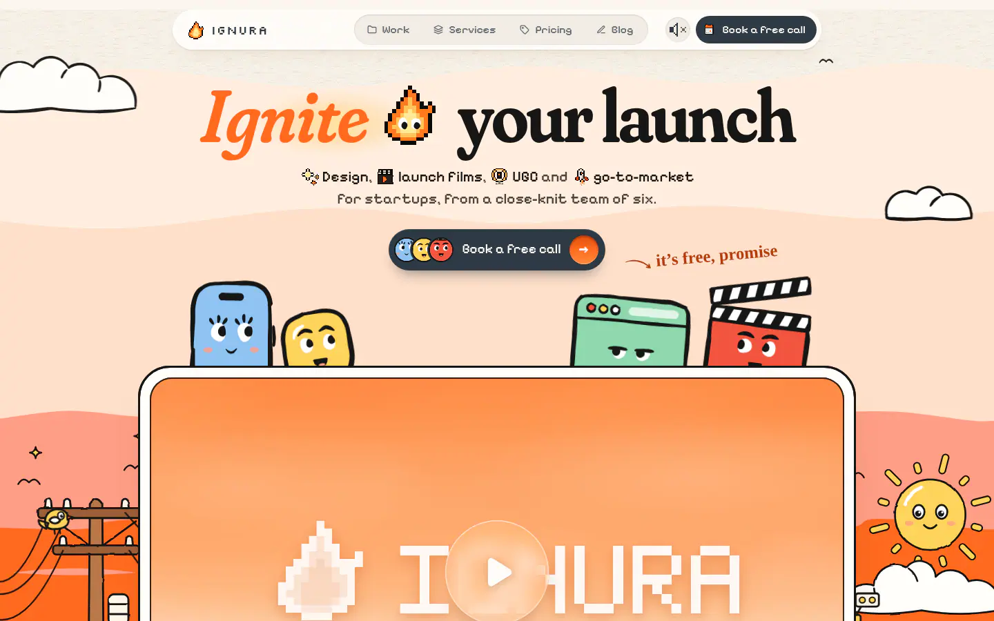 The ignura.com home page: “Ignite your launch” with the pixel flame, the cast peeking over the launch film