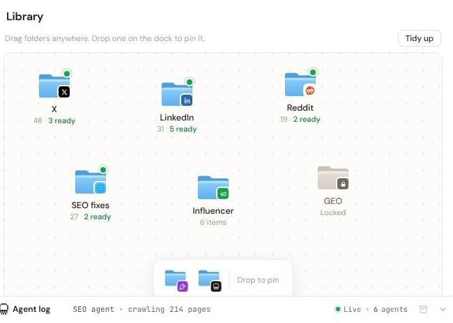 Okara dashboard library: folders per channel (X, LinkedIn, Reddit, SEO fixes, Influencer, a locked GEO) with ready counts, a pin dock and the live agent log