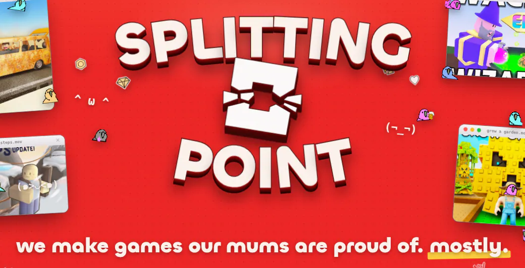 The Splitting Point logo stacked big on red, game windows around it, and “we make games our mums are proud of. mostly.”