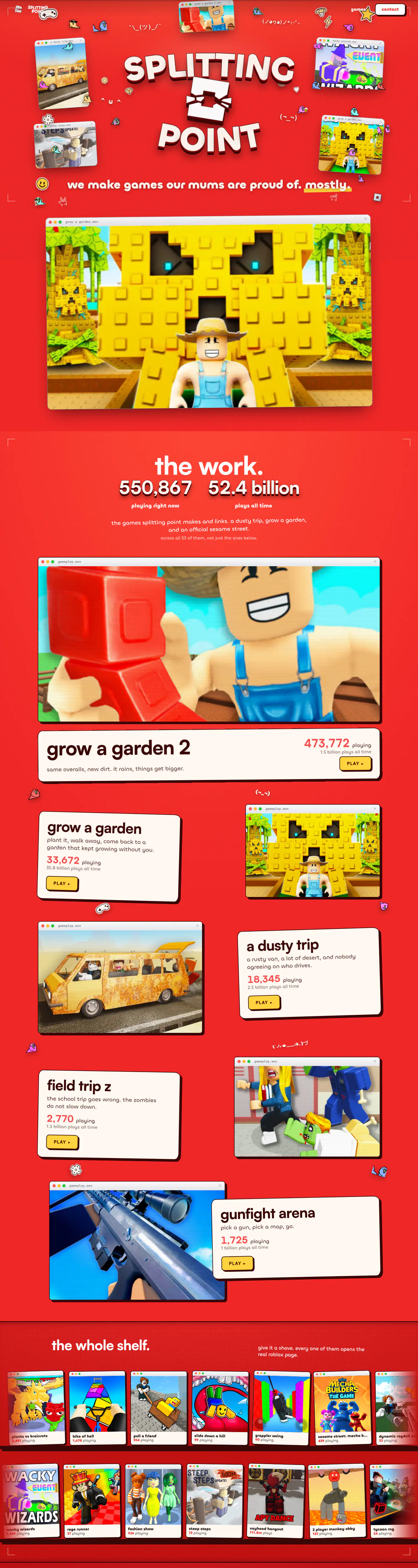 The Splitting Point page, top to bottom: the logo, the live player counts, the game cards and the whole shelf