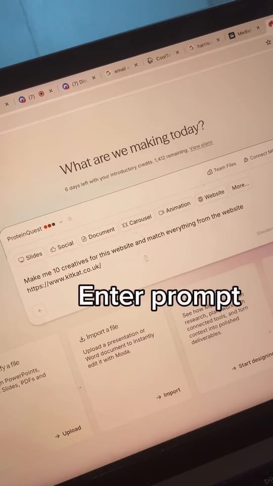 From the “Client: I need ads by 12am” post: the walkthrough beat, a laptop screen with the caption “Enter prompt”