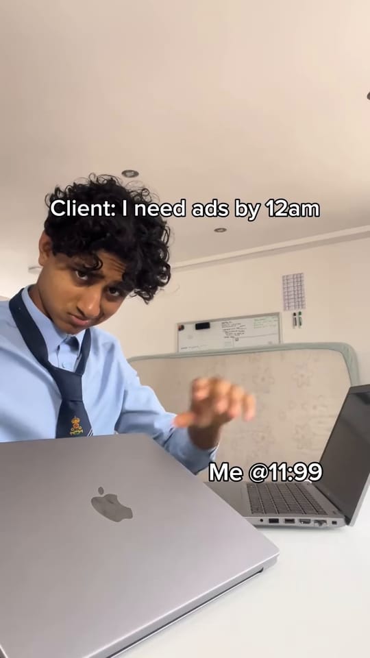 Cut B of the same script: the creator, tongue out, flips his laptop open under “Client: I need ads by 12am” and “Me @11:99”