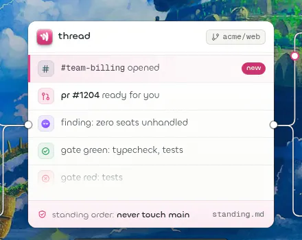 The persistent thread card: team billing opened, a pull request ready, a finding, gates green and red, and the standing order “never touch main”