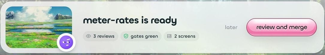 Wayari dock: 'meter-rates is ready', 3 reviews, gates green, 2 screens, with a pink review and merge button