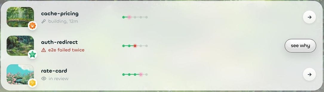 Wayari dock job rows: cache-pricing building for 12 minutes, auth-redirect with 'e2e failed twice' and a see why button, rate-card in review