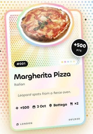 Close-up of the Margherita Pizza card: halftone rainbow foil, the +500 PTS badge, #001 and 001/030 numbering