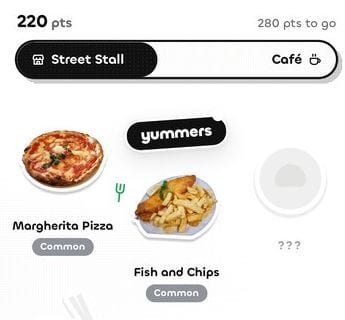 Close-up of the collection: 220 pts, 280 pts to go, the Street Stall to Café bar and the first dishes stuck in, the rest still ???