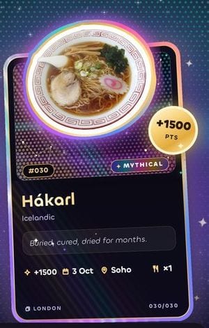 Close-up of the mythical Hákarl card: holographic frame, +1500 PTS gold badge, MYTHICAL tag, 030/030