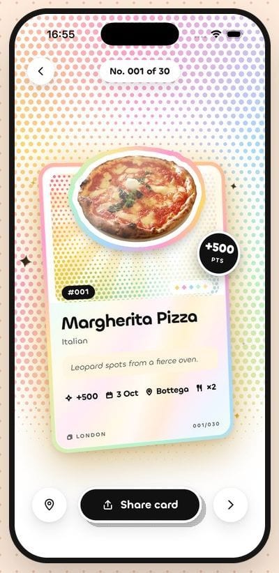 Yummers dish card No. 001 of 30: Margherita Pizza, Italian, 'Leopard spots from a fierce oven.', +500 points, with a Share card button
