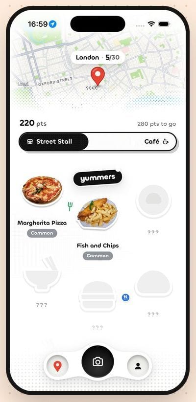 Yummers home screen: a map of Soho with a pin, London 5/30, 220 points, the Street Stall to Café rank bar and the dishes collected so far