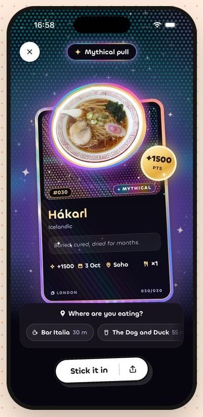 Yummers mythical pull: a holographic Hákarl card on a starry night background, +1500 points, 'Where are you eating?' with nearby places and a Stick it in button