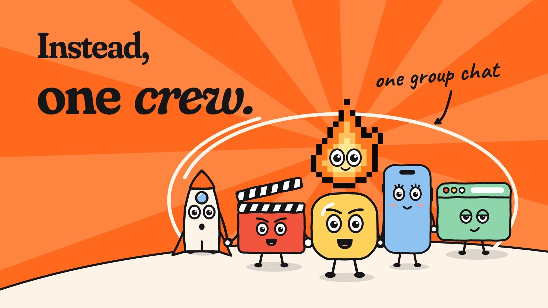 A frame from the Ignura launch film: Iggy the pixel flame, lit, over the cast (a rocket, a clapperboard, an app icon, a phone and a browser) on an orange sky, under the words “Instead, one crew.”