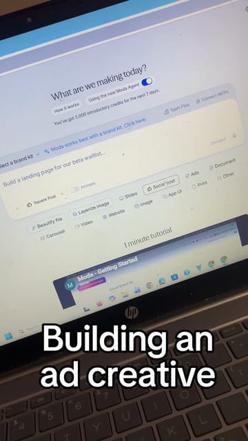 A laptop screen demo: "Building an ad creative", then a stream of finished Coca-Cola style ads